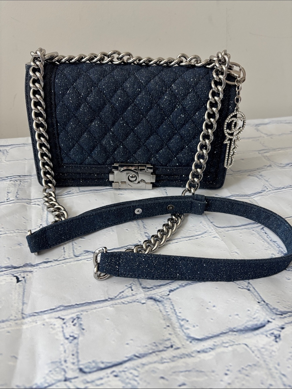 Quilted Dark Blue Chain Shoulder Bag with Silver Hardware